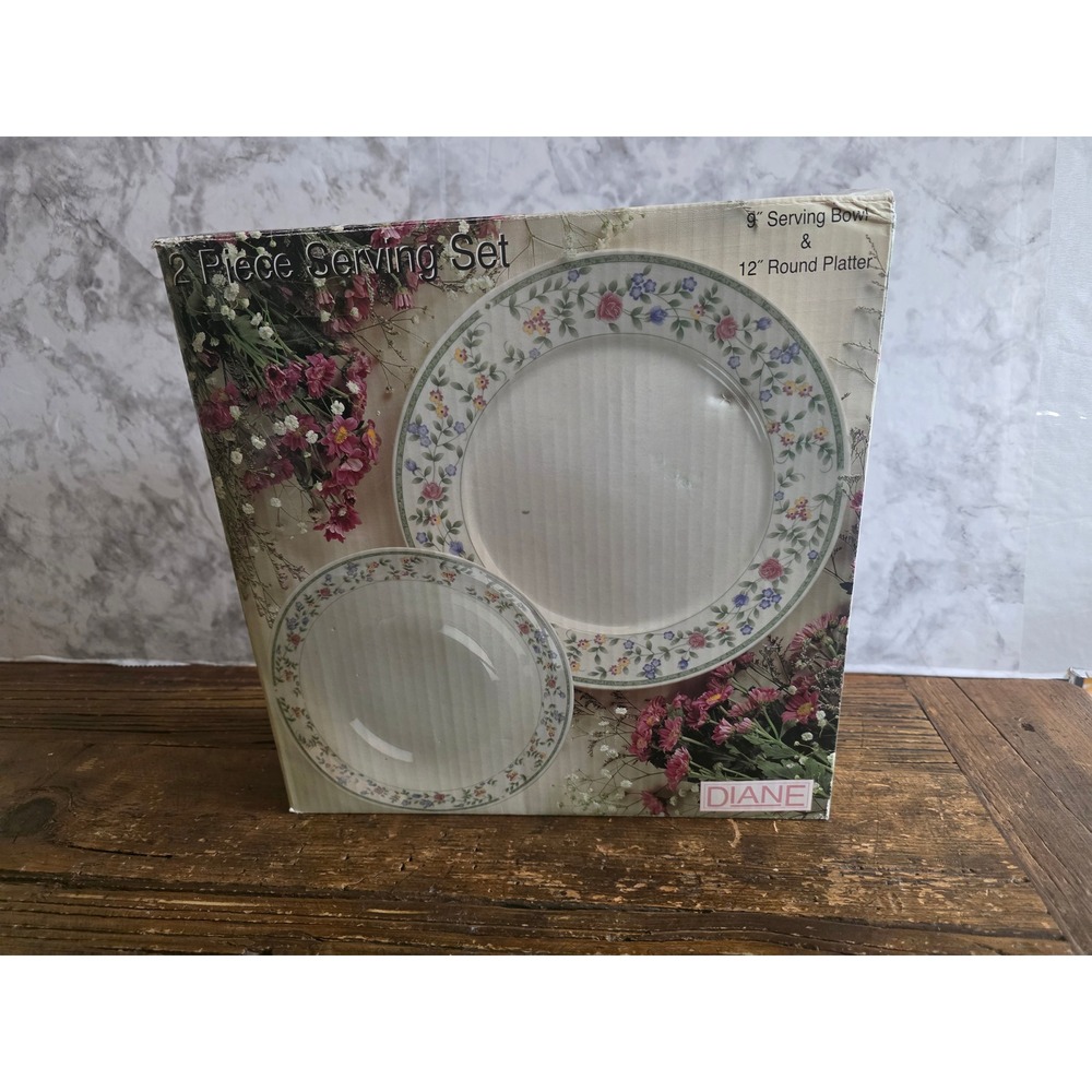 China Pearl Diane 2 Piece Serving Set Floral Stoneware 9in Bowl 12in Platter